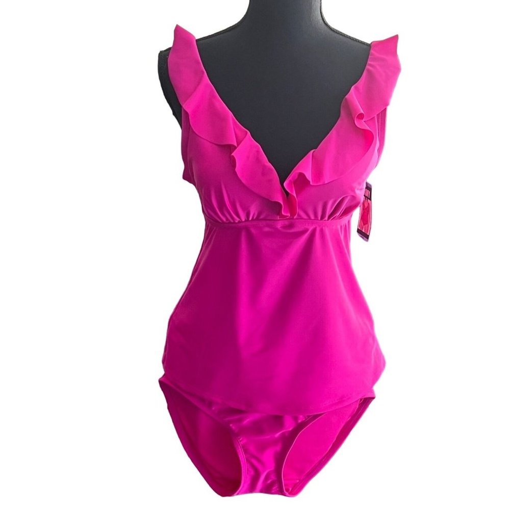 DKNY V-Neck Ruffle Tankini Pink Swimsuit Set Full Coverage Bottom Size Large - Picture 4 of 10